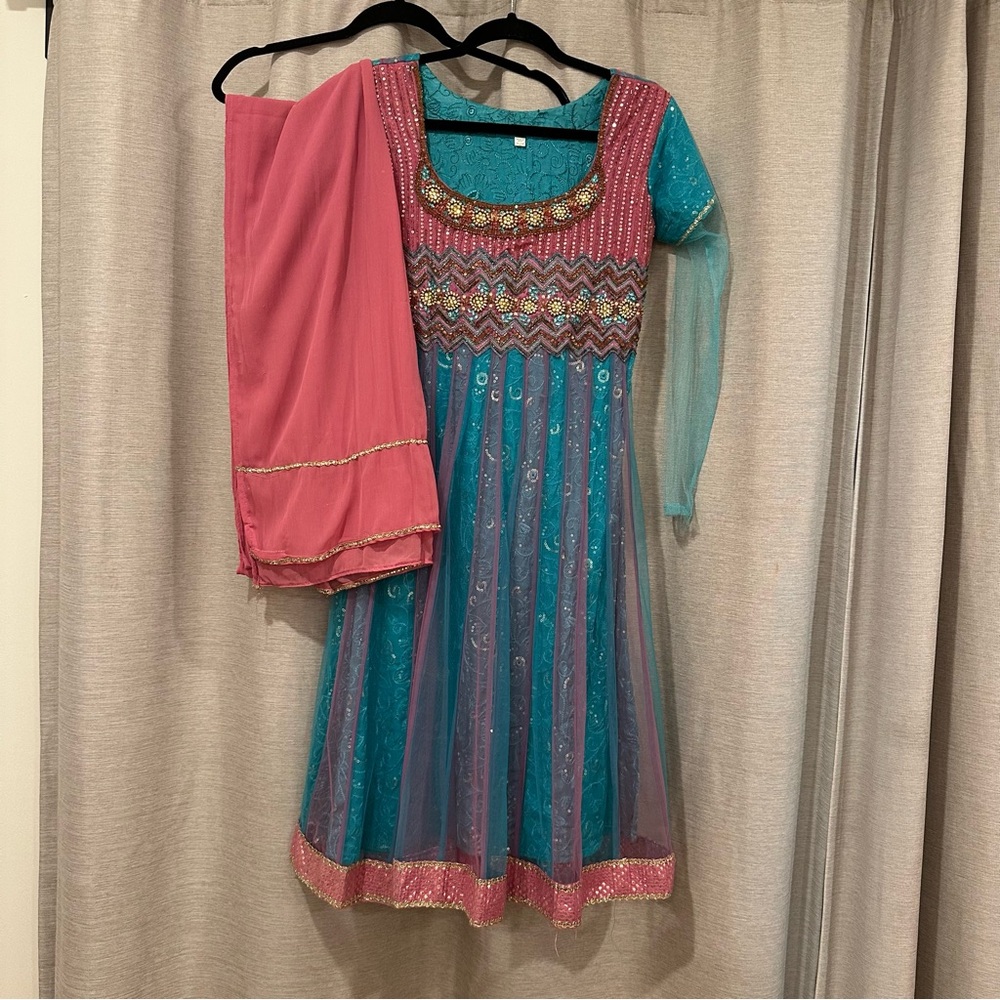 Elegant Pink and Blue Girls Dress Size: Medium